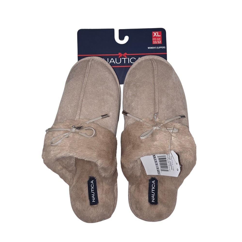 Nautica Sentry Women Taupe Faux Fur Bow Slippers XL 11-12 ZX090202